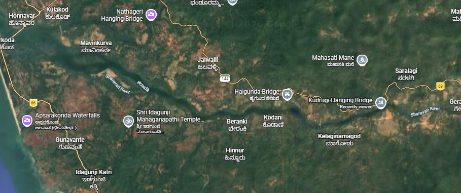 Cruise Route Map from Kudrugi Hanging Bridge to Aaradhya Boating Honnavar