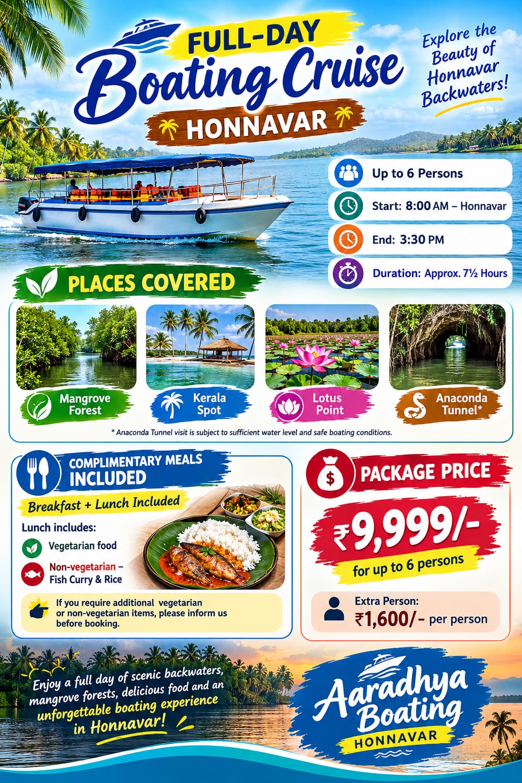 Aaradhya Boating full-day cruise poster showing ₹9,999 for up to 6 persons, places covered, timings and meals