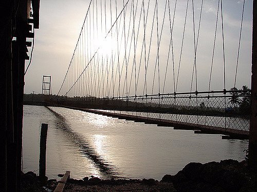 Morning view of Kudrugi Hanging Bridge during Sharavati river cruise