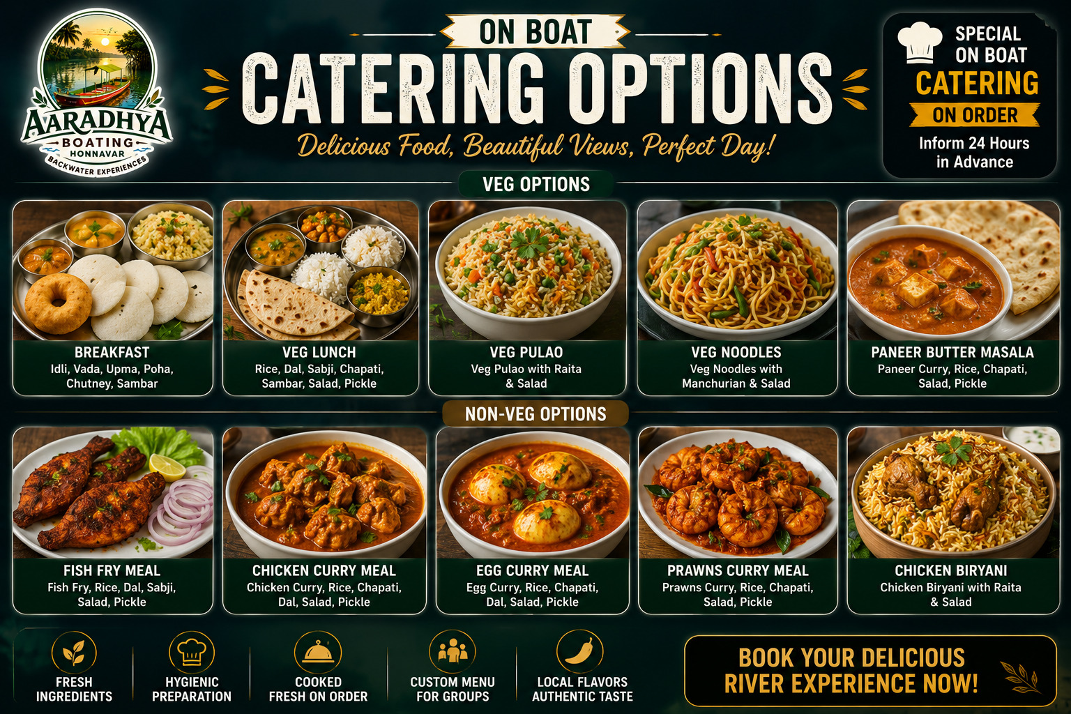 Special on-boat catering with authentic coastal seafood and veg meals on Sharavati river cruise in Honnavar